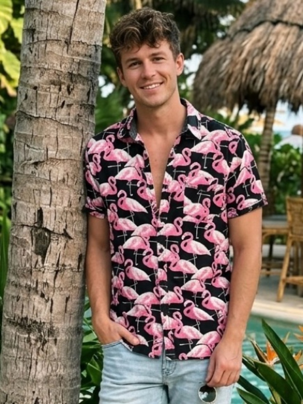 Broken Threads Flamingo Print Shirt Mens Medium Black Pink Cotton Retro Tropical